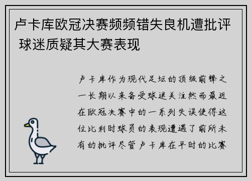 卢卡库欧冠决赛频频错失良机遭批评 球迷质疑其大赛表现